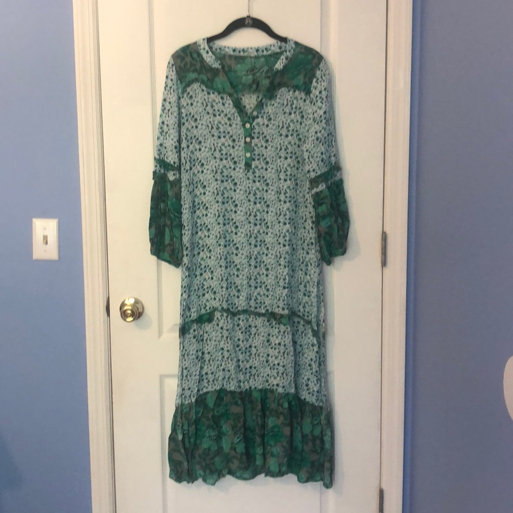 Green and white boho maxi dress